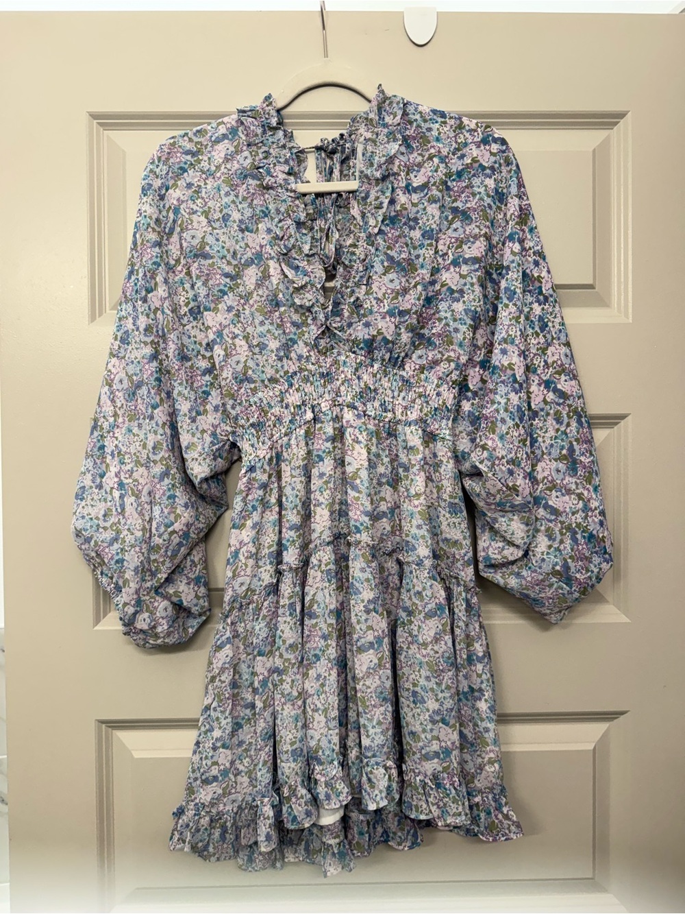 Storia Lavender Floral Ruffle Dress with Blue & Green Accents